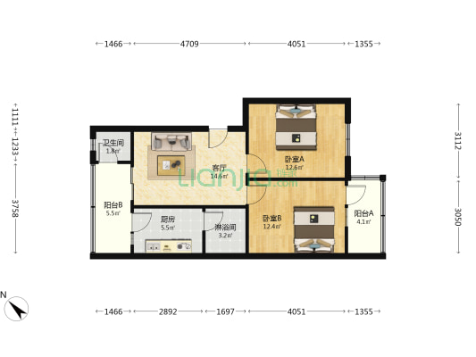 三槐树路5号 2室1厅2卫 70平方
