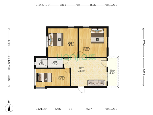 解放路 3室1厅1卫 84平方