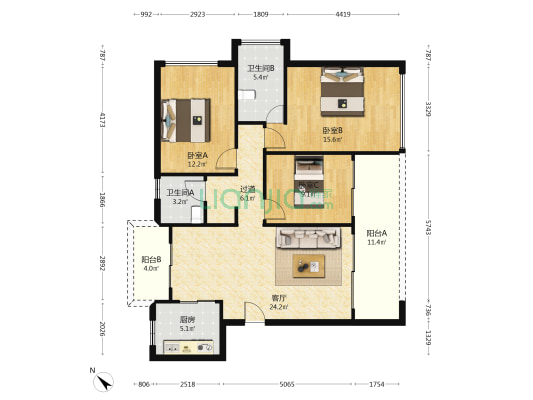 招商嵘玺家园 3室1厅2卫 121平方