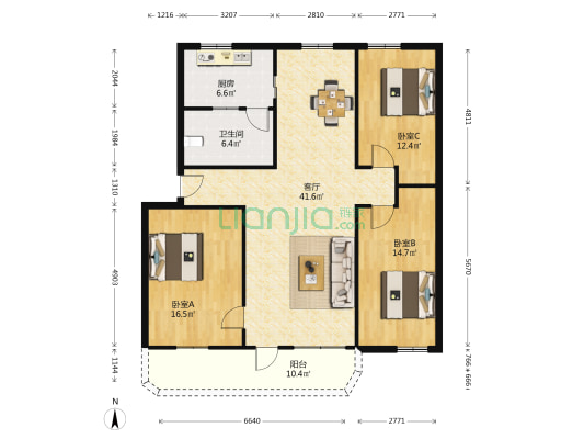 华夏西苑 3室1厅1卫 129平方