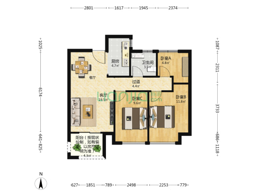 中原华侨城2号院 3室1厅1卫 86平方