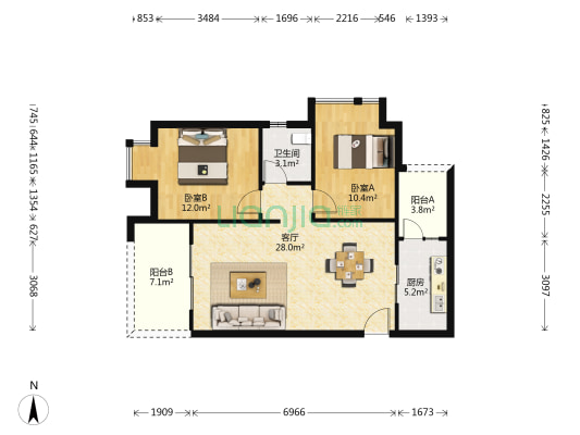 临江次新小区 精装大2房 拎包入住 户型方正-户型图