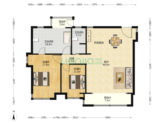 保利·天禧 2室1厅2卫 143平方