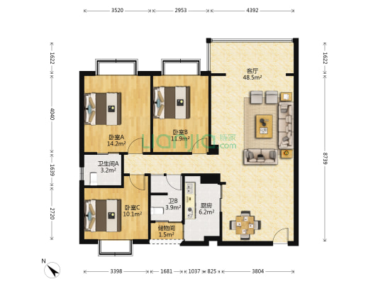 兴元华盛三期 3室1厅2卫 120平方