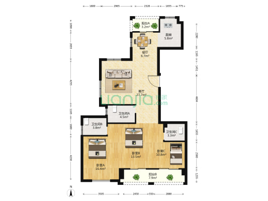 东方明苑 3室2厅3卫 159平方