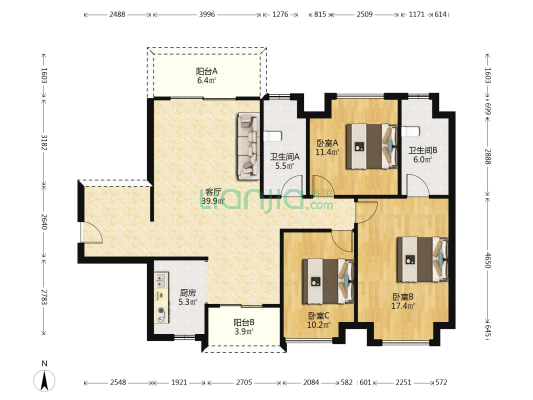 皇龙湾 3室1厅2卫 121平方
