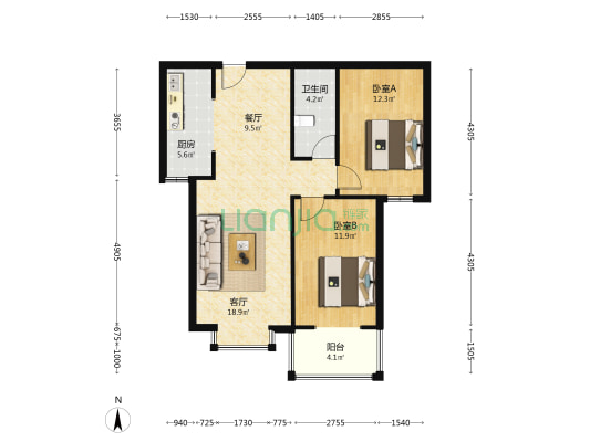 水岸花城 2室2厅 南-户型图