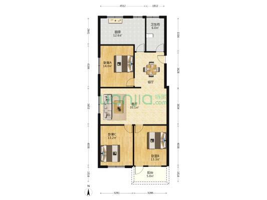 校园路52号 3室1厅1卫 121平方