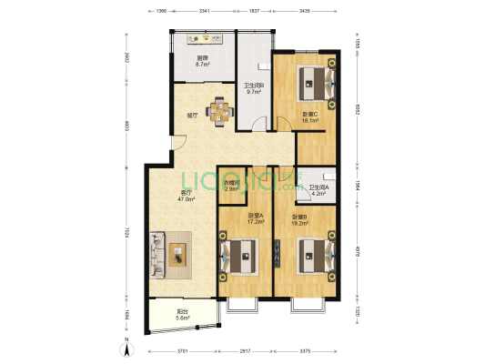 奥林花园 3室1厅2卫 157平方