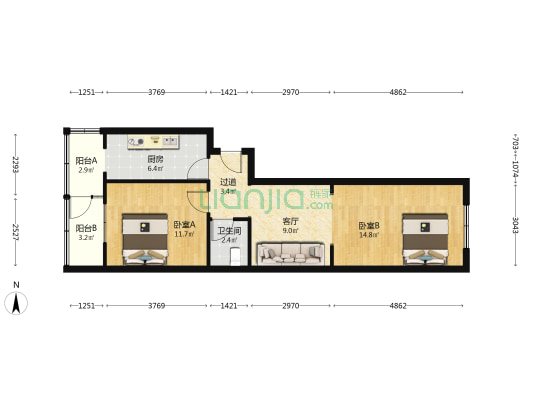 中山门四号路 2室1厅1卫 67平方