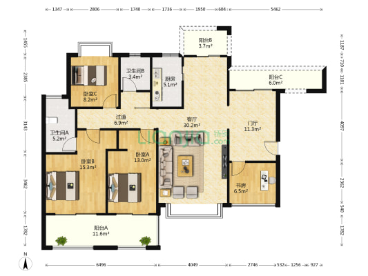 中海西岸华府北区 4室1厅2卫 129平方