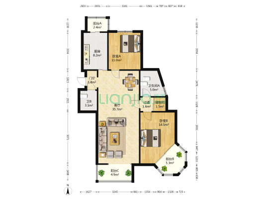 品水园 2室1厅2卫 135平方