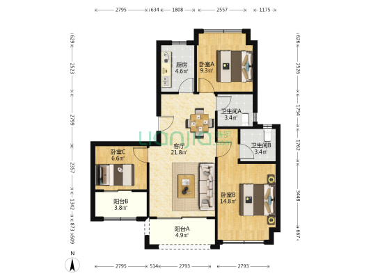 润辰府南区 3室1厅2卫 99平方