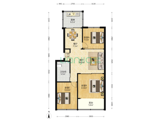 民政小区 3室2厅1卫 85平方