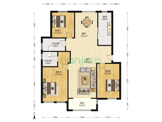 孔雀城 3室2厅2卫 132平方