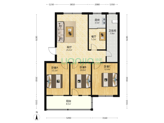 赋安居小区 3室2厅1卫 98平方