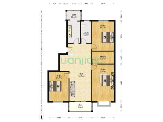 天竹园 3室1厅1卫 139平方