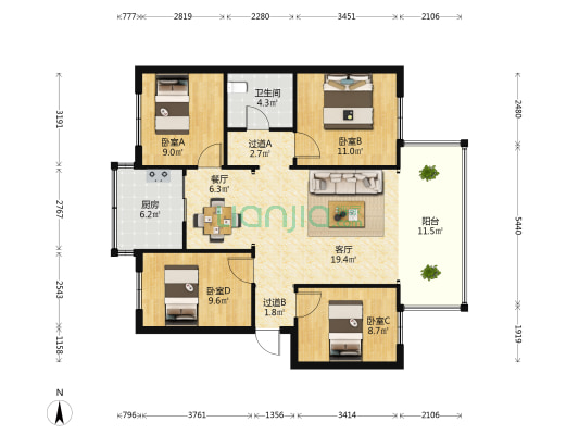 中成花园 4室2厅1卫 103平方