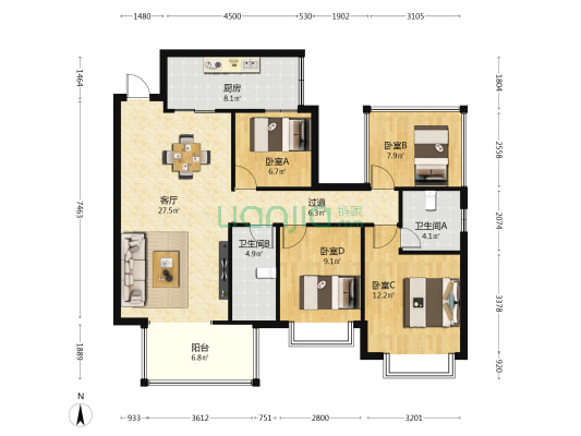 新城明昱公园 4室1厅2卫 108平方