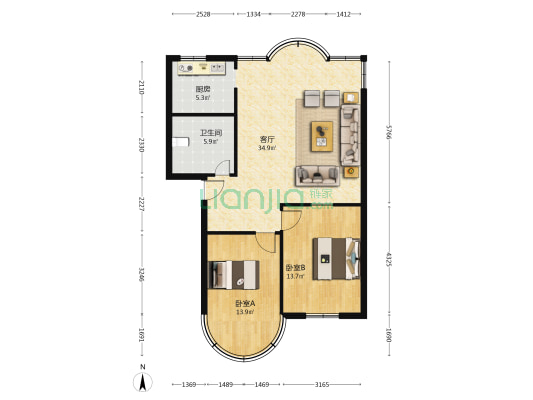 省工行营业部宿舍 2室1厅1卫 74平方