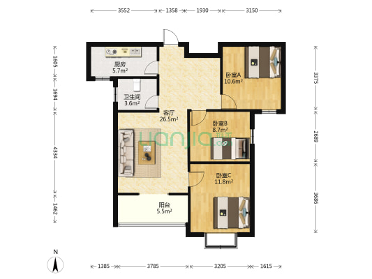 百汇国贸中心 3室1厅1卫 100平方