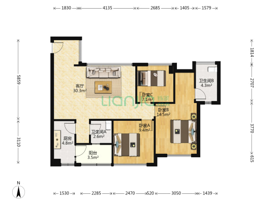 保利林语溪一期 3室1厅2卫 94平方