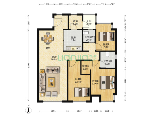 诺德阅香湖 3室1厅2卫 119平方