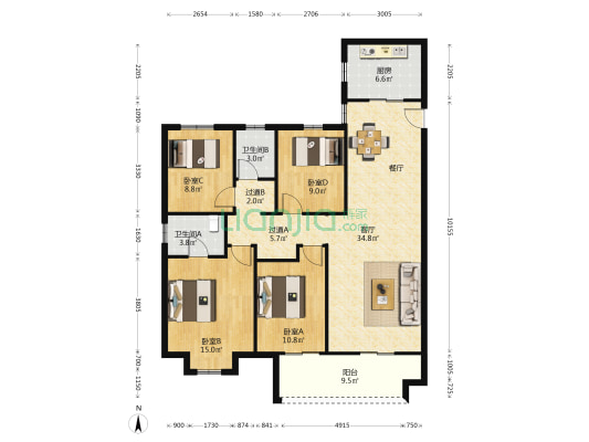 西斯莱公馆 4室1厅2卫 142平方