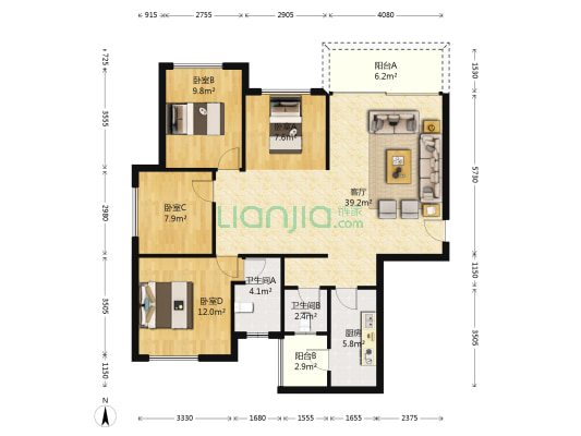 大唐世家三区 4室1厅2卫 109平方