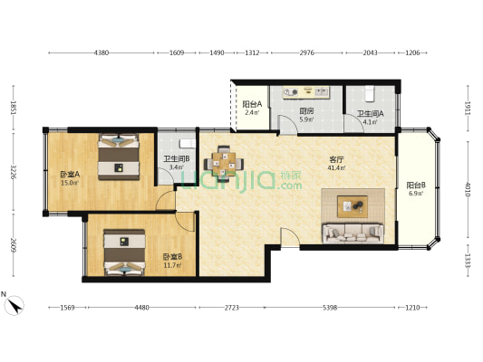 教师村 2室1厅2卫 100平方