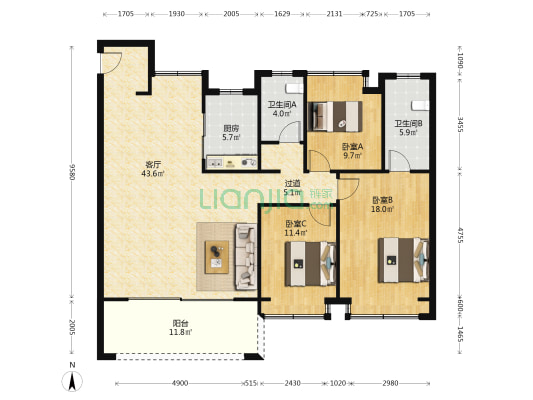 君启 3室1厅2卫 138平方