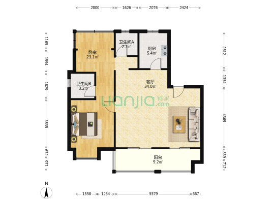 辰阳府 1室1厅2卫 100平方