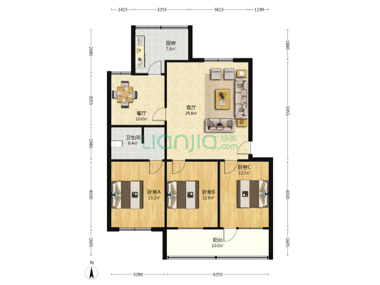 康居园小区 3室2厅1卫 126平方