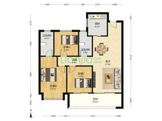 时代汀蓝 3室1厅2卫 115平方