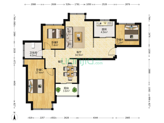 华宇·观澜华府 3室1厅1卫 89平方