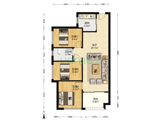 美的领贤公馆 3室1厅1卫 81平方