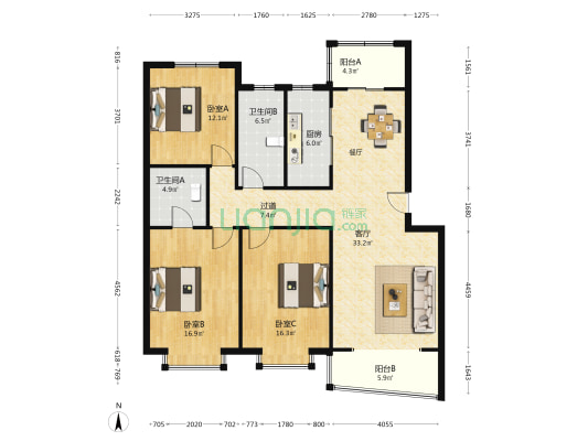 祥富南里 3室1厅2卫 136平方