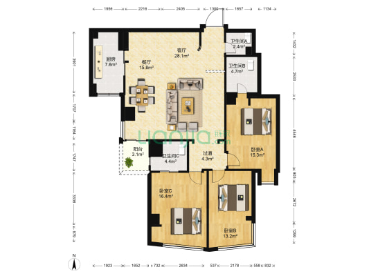 柳川大厦 3室2厅3卫 151平方