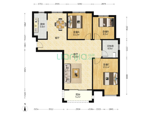 阳光城1号院 3室1厅1卫 125平方