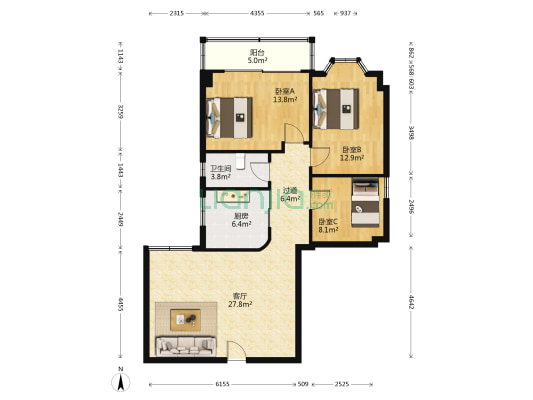 华远大厦 3室1厅1卫 96平方