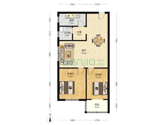 妇儿楼 2室1厅1卫 90平方
