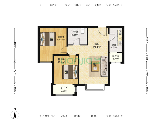 首开熙悦睿府书香 2室1厅1卫 85平方