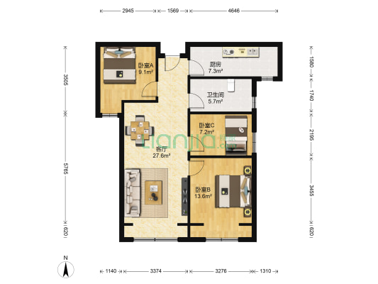 保利理想城 3室1厅1卫 95平方