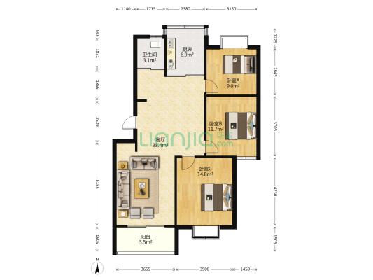 怡康家园水岸春天 3室1厅1卫 111平方