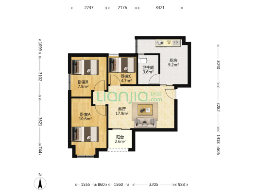 富力广场D区 3室1厅1卫 77平方