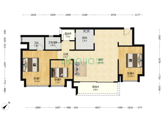 中央公园悦府云谷 3室1厅2卫 96平方