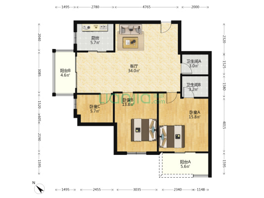 东方名居 3室1厅2卫 106平方