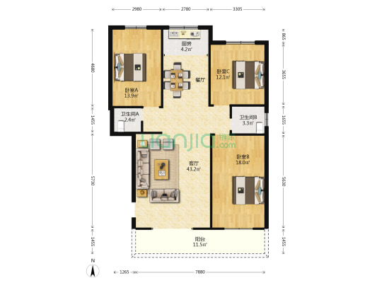 民生路1号 3室1厅2卫 126平方