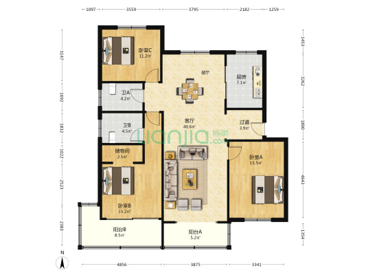 虞波花园 3室1厅2卫 141平方