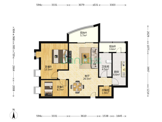 翰雅明轩 2室1厅1卫 91平方